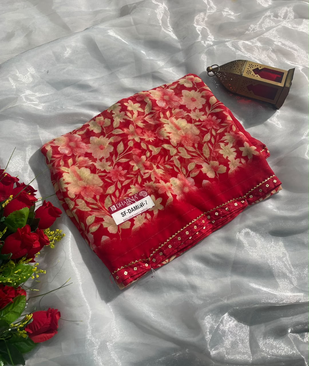 SF-DAMINI-7 SEMI WEIGHTLESS FABRIC SAREE WITH BEAUTIFUL FLORAL PRINT ALL OVER ON SAREE WITH SEQUENCE WORK BORDER WITH BLOUSE