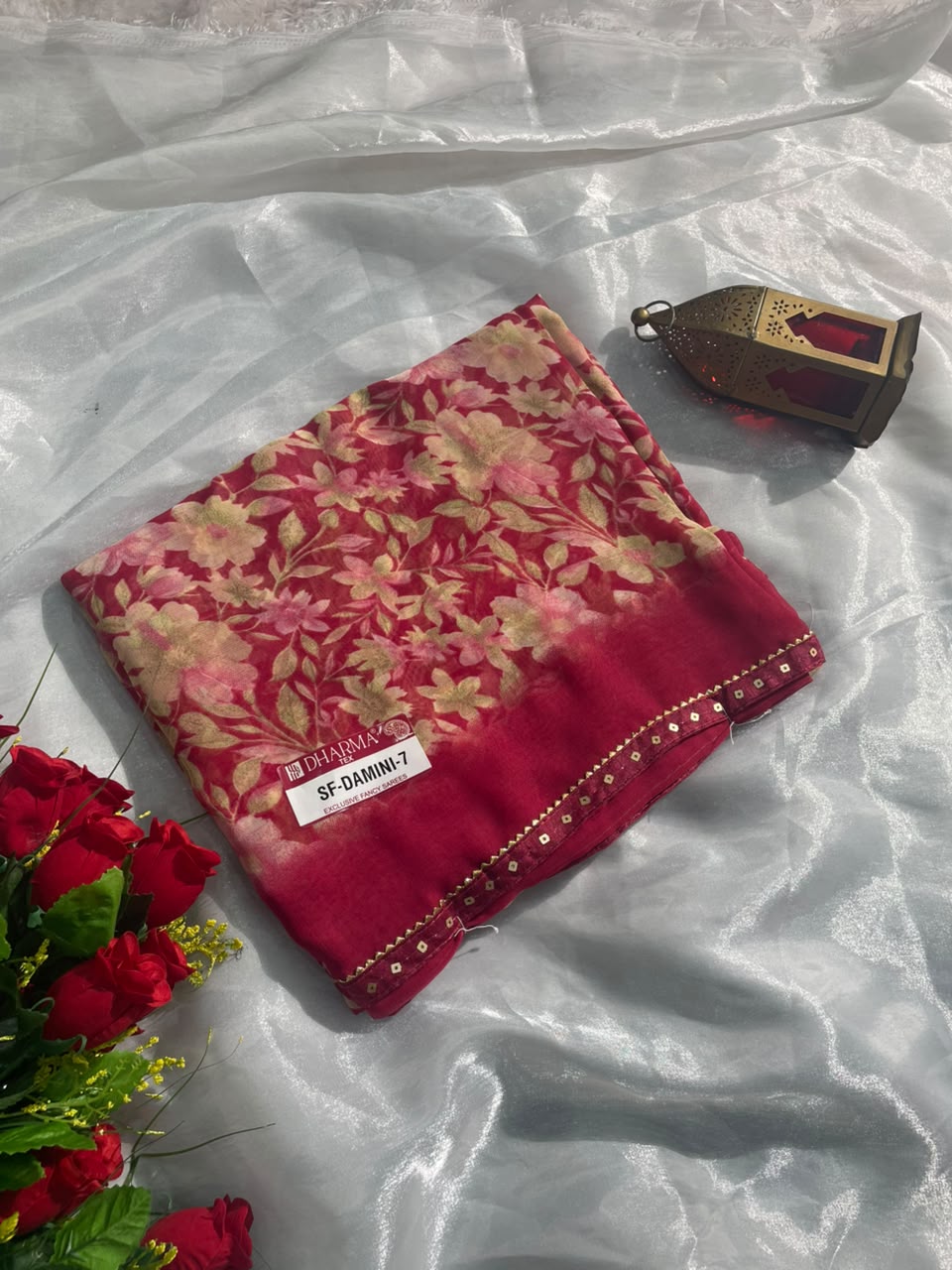 SF-DAMINI-7 SEMI WEIGHTLESS FABRIC SAREE WITH BEAUTIFUL FLORAL PRINT ALL OVER ON SAREE WITH SEQUENCE WORK BORDER WITH BLOUSE