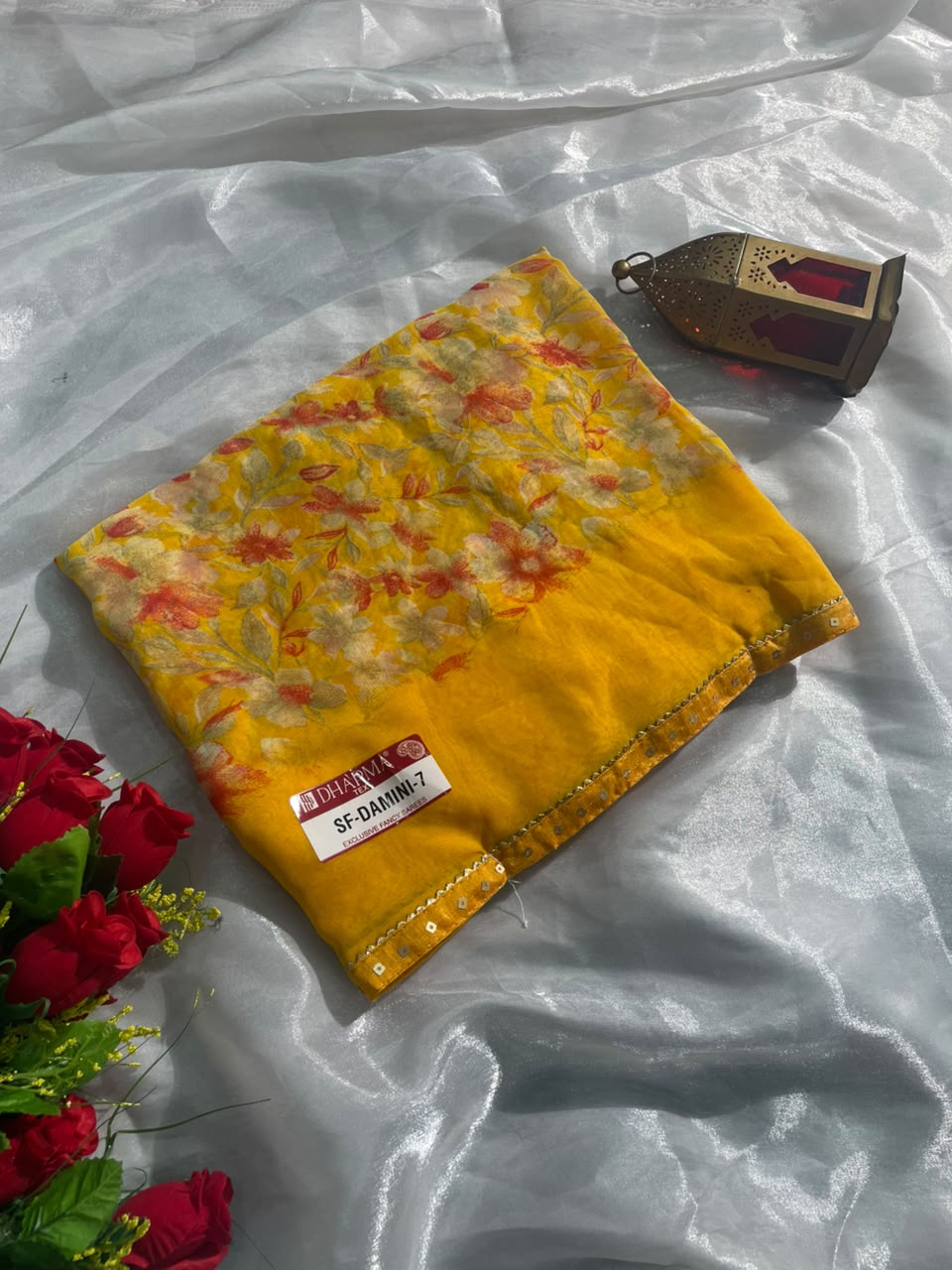 SF-DAMINI-7 SEMI WEIGHTLESS FABRIC SAREE WITH BEAUTIFUL FLORAL PRINT ALL OVER ON SAREE WITH SEQUENCE WORK BORDER WITH BLOUSE
