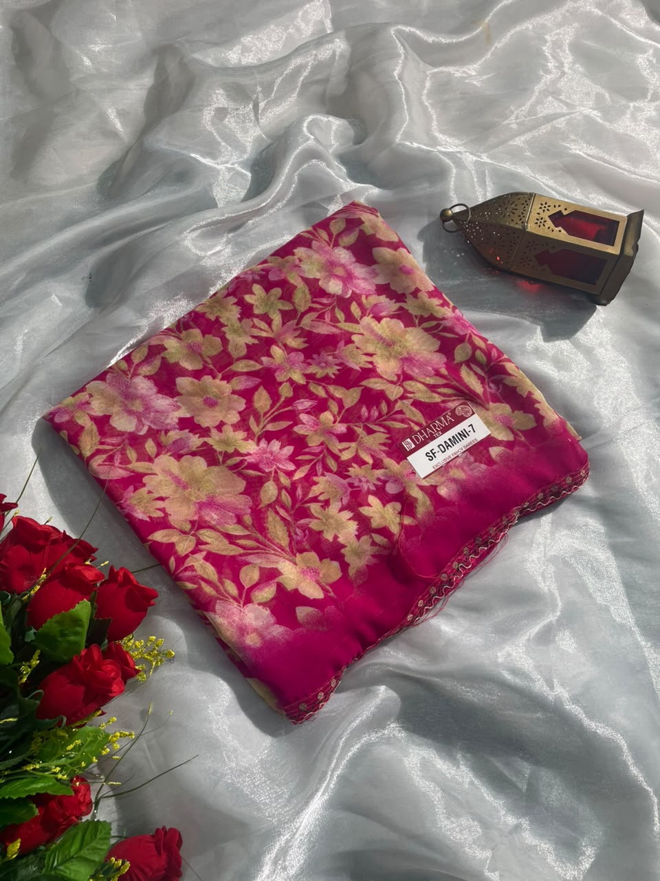 SF-DAMINI-7 SEMI WEIGHTLESS FABRIC SAREE WITH BEAUTIFUL FLORAL PRINT ALL OVER ON SAREE WITH SEQUENCE WORK BORDER WITH BLOUSE