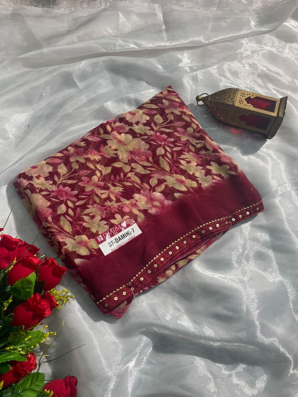 SF-DAMINI-7 SEMI WEIGHTLESS FABRIC SAREE WITH BEAUTIFUL FLORAL PRINT ALL OVER ON SAREE WITH SEQUENCE WORK BORDER WITH BLOUSE