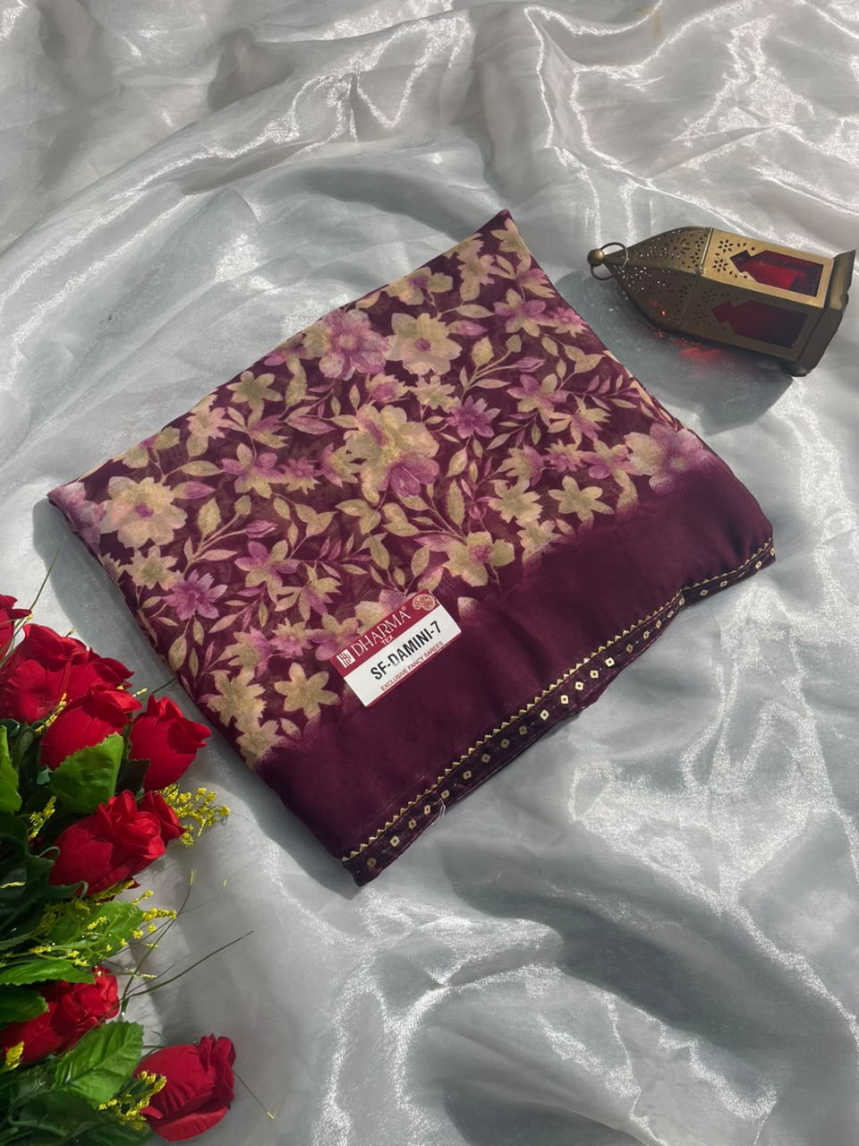 SF-DAMINI-7 SEMI WEIGHTLESS FABRIC SAREE WITH BEAUTIFUL FLORAL PRINT ALL OVER ON SAREE WITH SEQUENCE WORK BORDER WITH BLOUSE