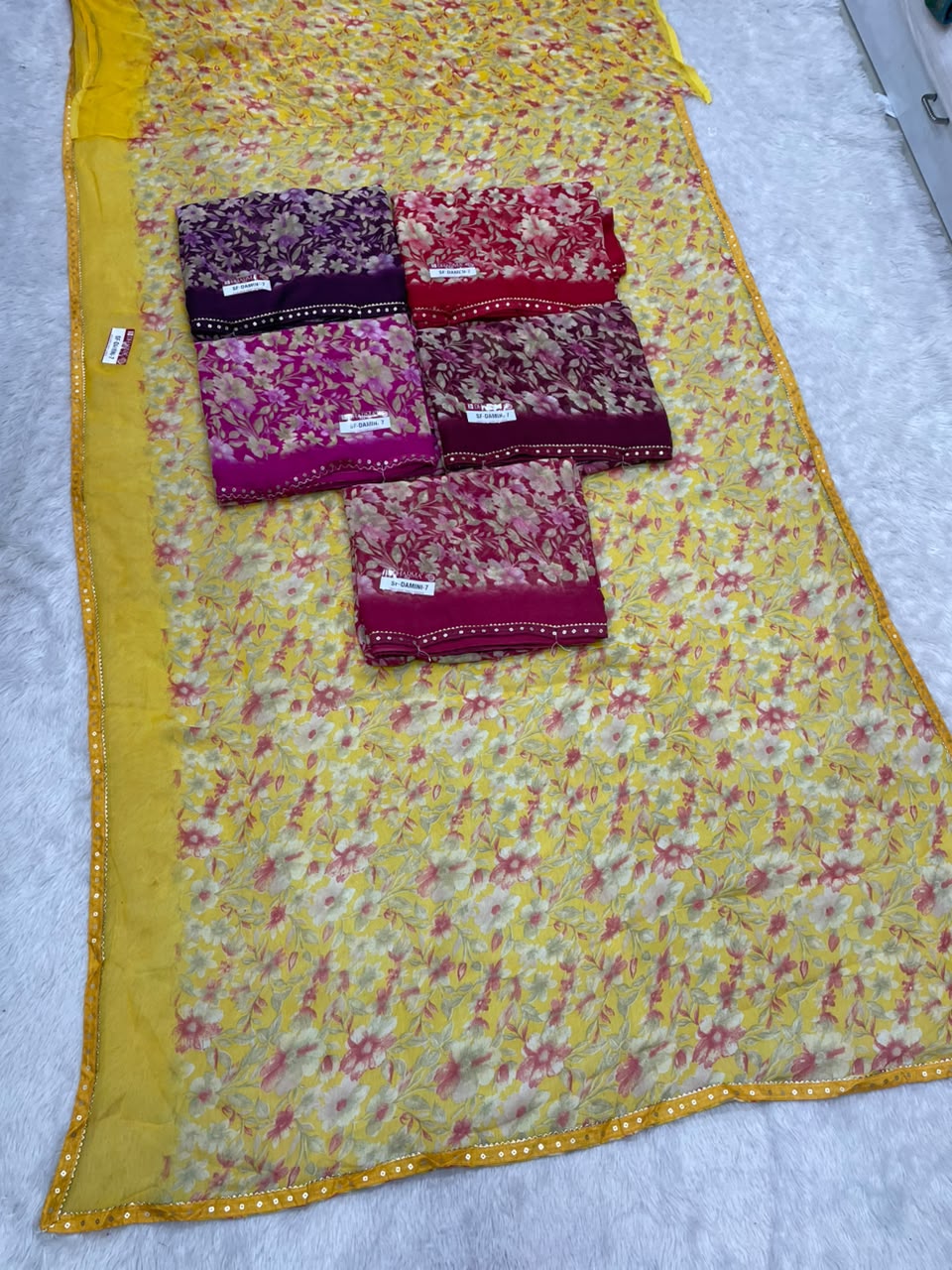 SF-DAMINI-7 SEMI WEIGHTLESS FABRIC SAREE WITH BEAUTIFUL FLORAL PRINT ALL OVER ON SAREE WITH SEQUENCE WORK BORDER WITH BLOUSE