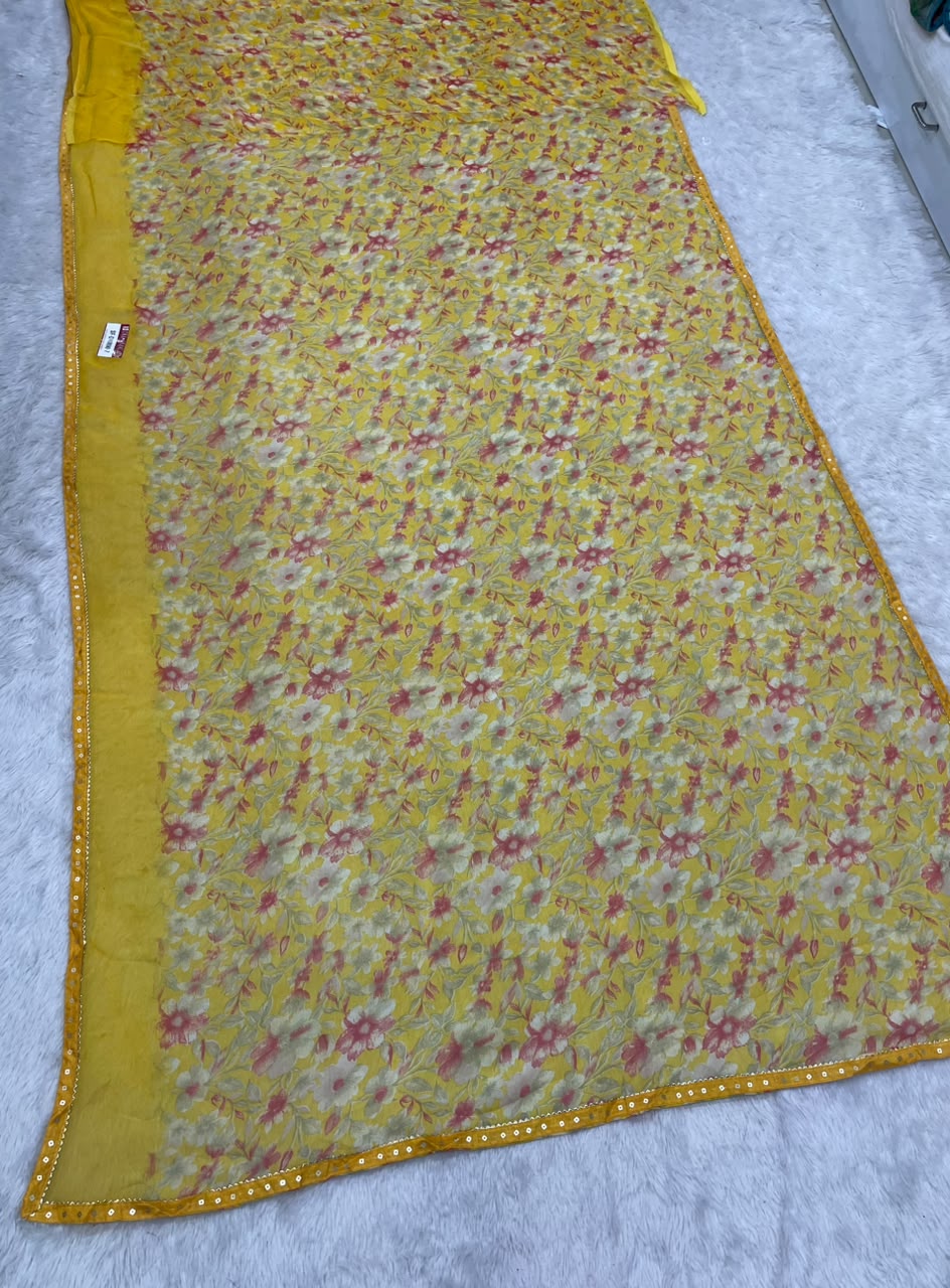SF-DAMINI-7 SEMI WEIGHTLESS FABRIC SAREE WITH BEAUTIFUL FLORAL PRINT ALL OVER ON SAREE WITH SEQUENCE WORK BORDER WITH BLOUSE