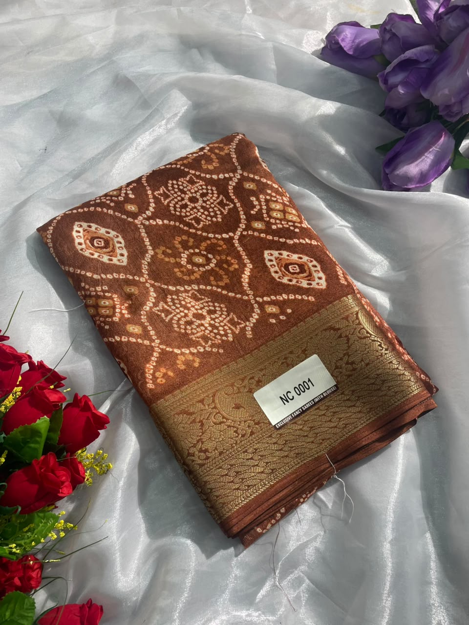 NC-0001  MARSHMALLOW PADDING FABRIC SAREE WITH WITH BEAUTIFUL FLORAL DESIGN ALL OVER ON SAREE WITH JACAURD BORDER WITH BLOUSE