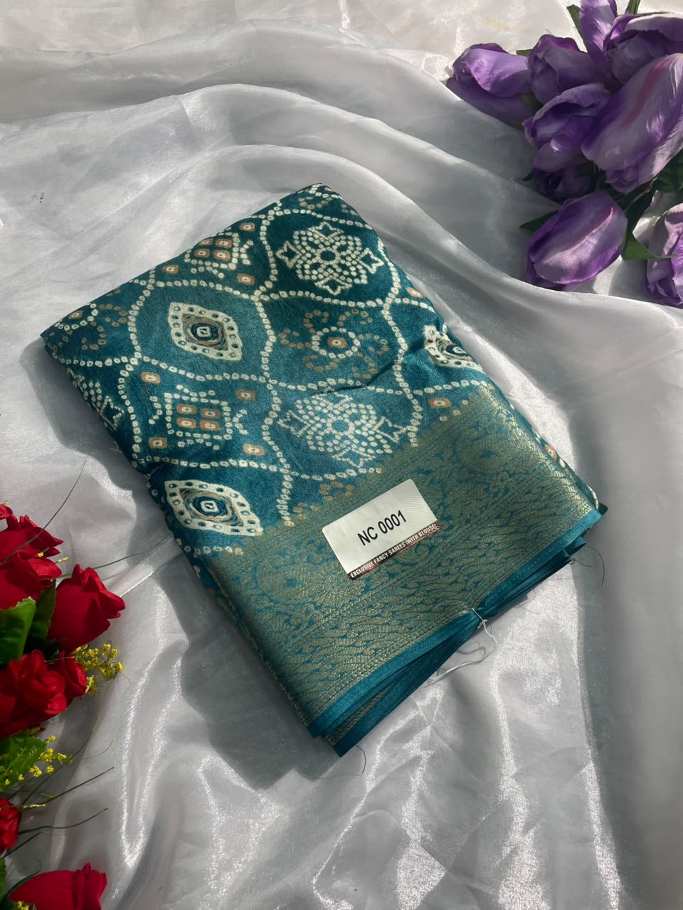 NC-0001  MARSHMALLOW PADDING FABRIC SAREE WITH WITH BEAUTIFUL FLORAL DESIGN ALL OVER ON SAREE WITH JACAURD BORDER WITH BLOUSE