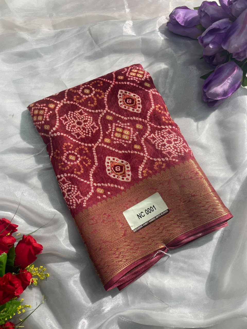 NC-0001  MARSHMALLOW PADDING FABRIC SAREE WITH WITH BEAUTIFUL FLORAL DESIGN ALL OVER ON SAREE WITH JACAURD BORDER WITH BLOUSE