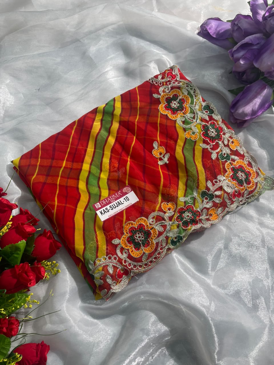 KAS-SUJAL-10  WEIGHTLESS FABRIC SAREE WITH LEHARIYA DESIGN WITH BEAUTIFUL FLORAL DESIGN WITH  EMBROIDERY WORK WITH BLOUSE