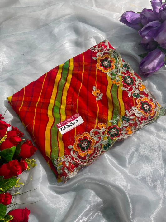 KAS-SUJAL-10  WEIGHTLESS FABRIC SAREE WITH LEHARIYA DESIGN WITH BEAUTIFUL FLORAL DESIGN WITH  EMBROIDERY WORK WITH BLOUSE