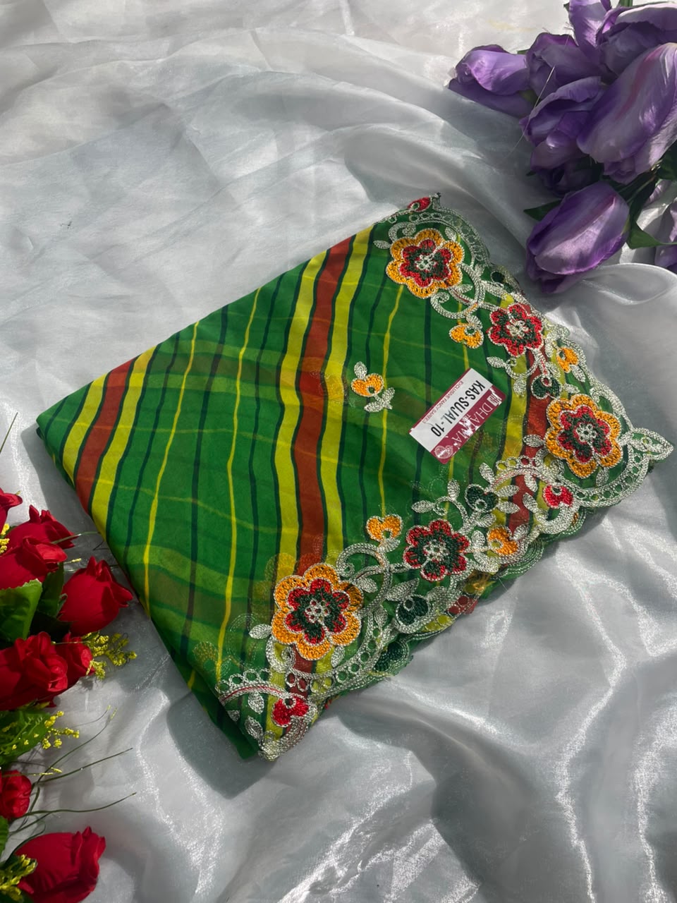 KAS-SUJAL-10  WEIGHTLESS FABRIC SAREE WITH LEHARIYA DESIGN WITH BEAUTIFUL FLORAL DESIGN WITH  EMBROIDERY WORK WITH BLOUSE