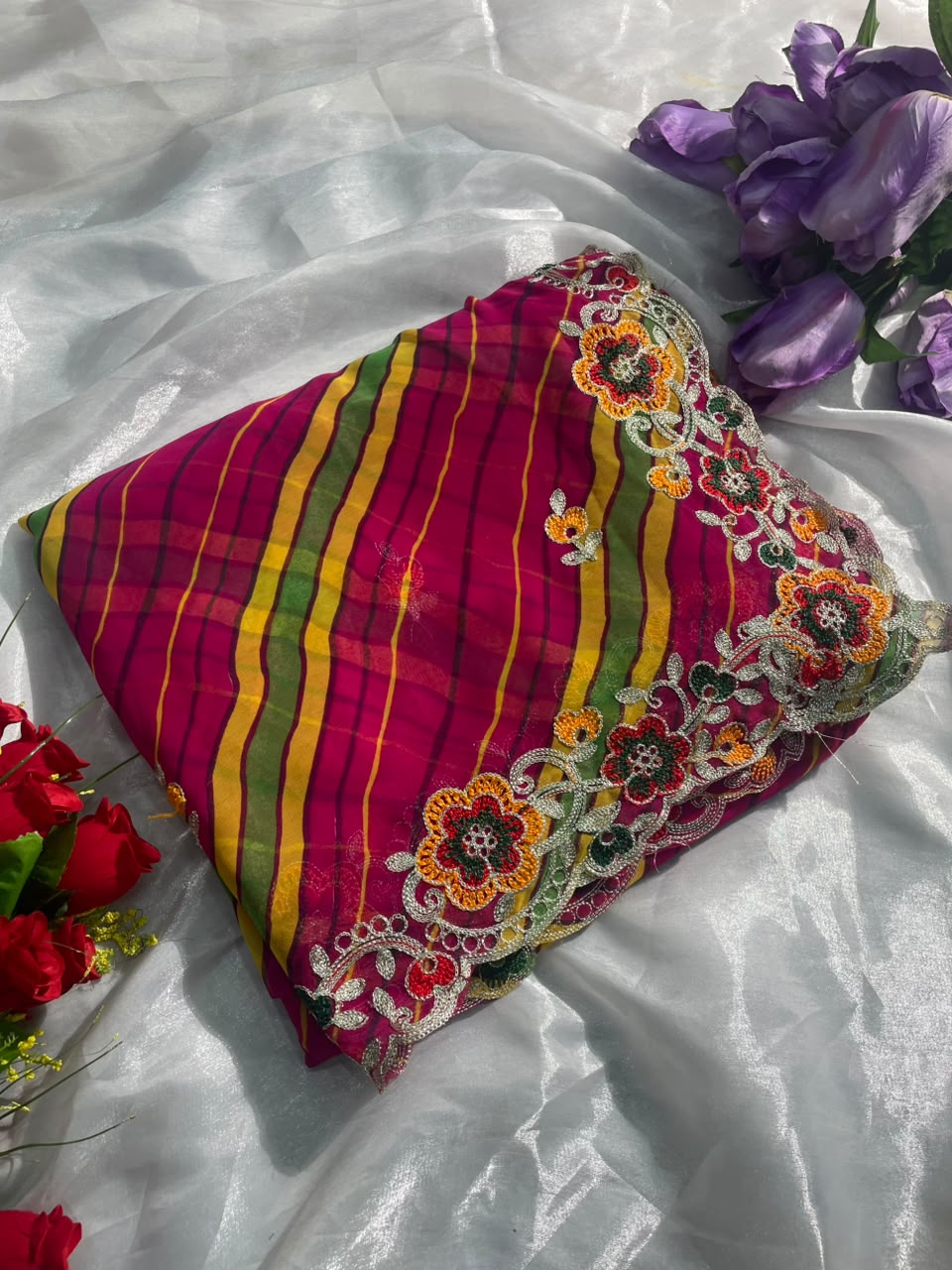 KAS-SUJAL-10  WEIGHTLESS FABRIC SAREE WITH LEHARIYA DESIGN WITH BEAUTIFUL FLORAL DESIGN WITH  EMBROIDERY WORK WITH BLOUSE