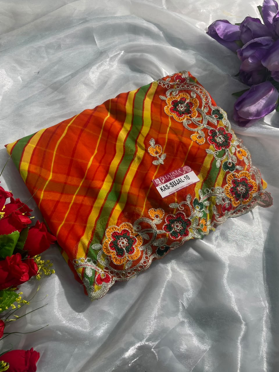 KAS-SUJAL-10  WEIGHTLESS FABRIC SAREE WITH LEHARIYA DESIGN WITH BEAUTIFUL FLORAL DESIGN WITH  EMBROIDERY WORK WITH BLOUSE