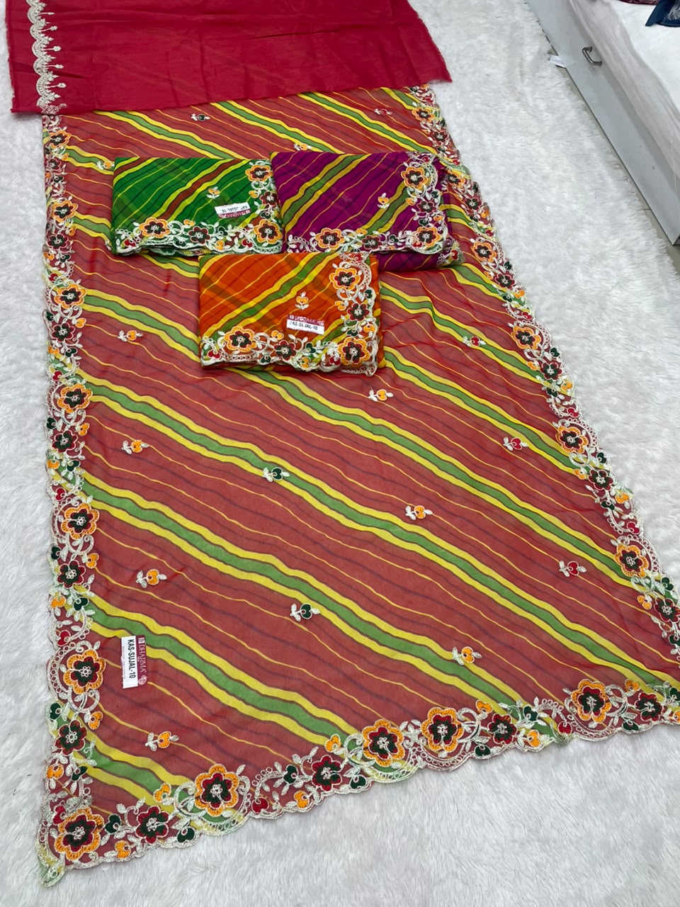 KAS-SUJAL-10  WEIGHTLESS FABRIC SAREE WITH LEHARIYA DESIGN WITH BEAUTIFUL FLORAL DESIGN WITH  EMBROIDERY WORK WITH BLOUSE