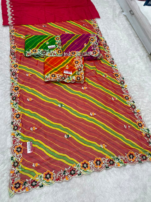 KAS-SUJAL-10  WEIGHTLESS FABRIC SAREE WITH LEHARIYA DESIGN WITH BEAUTIFUL FLORAL DESIGN WITH  EMBROIDERY WORK WITH BLOUSE