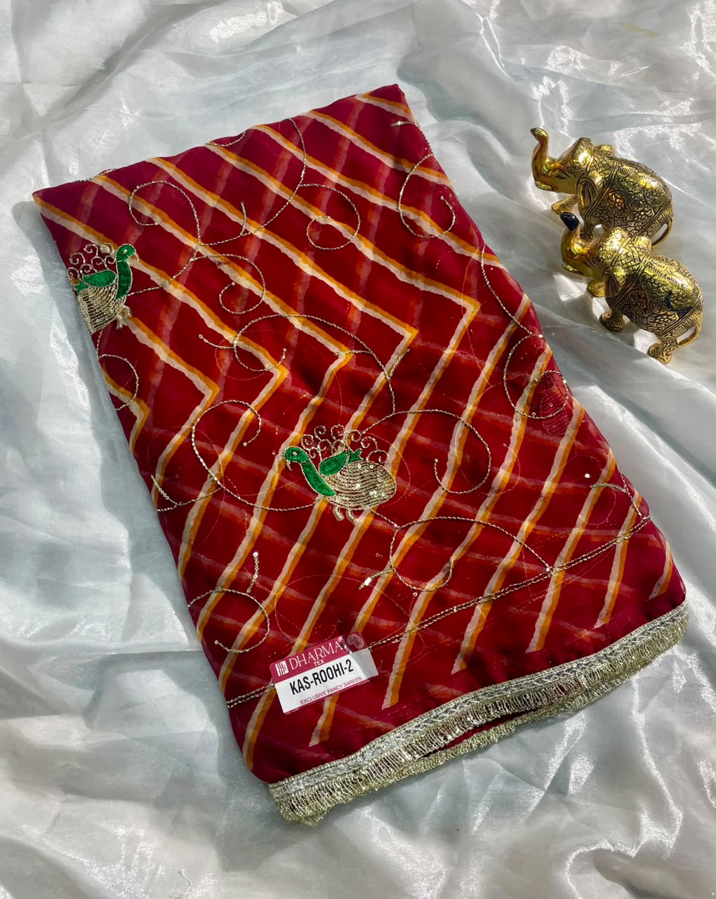 KAS-ROOHI-2 DARBARI  FABRIC SAREE WITH  BEAUTIFUL LEHARIYA DESIGN WITH HANDWORK WITH BEADS WORK WITH SEQUENCE WORK AND BEAUTIFUL LACE WITH BLOUSE