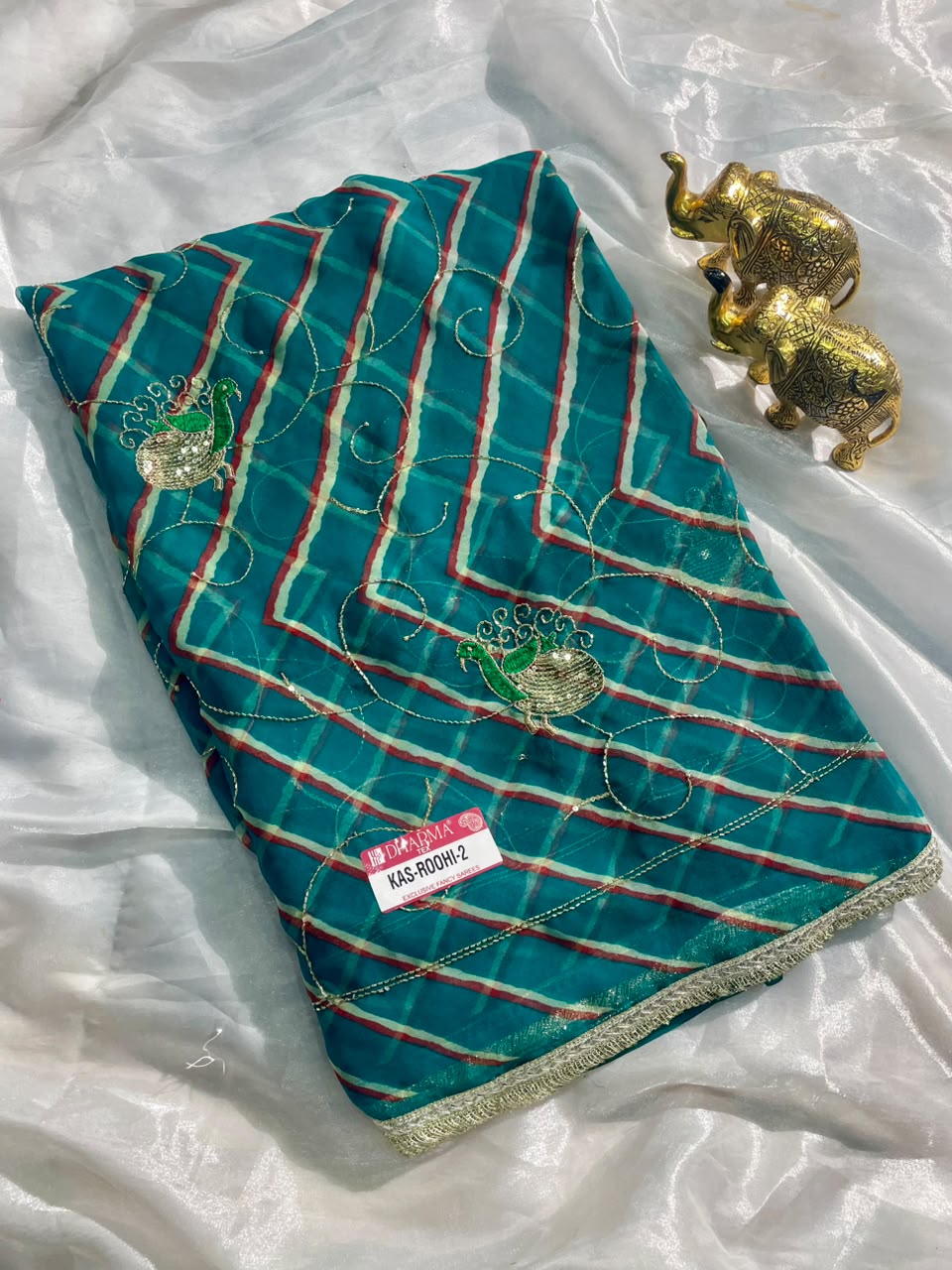KAS-ROOHI-2 DARBARI  FABRIC SAREE WITH  BEAUTIFUL LEHARIYA DESIGN WITH HANDWORK WITH BEADS WORK WITH SEQUENCE WORK AND BEAUTIFUL LACE WITH BLOUSE