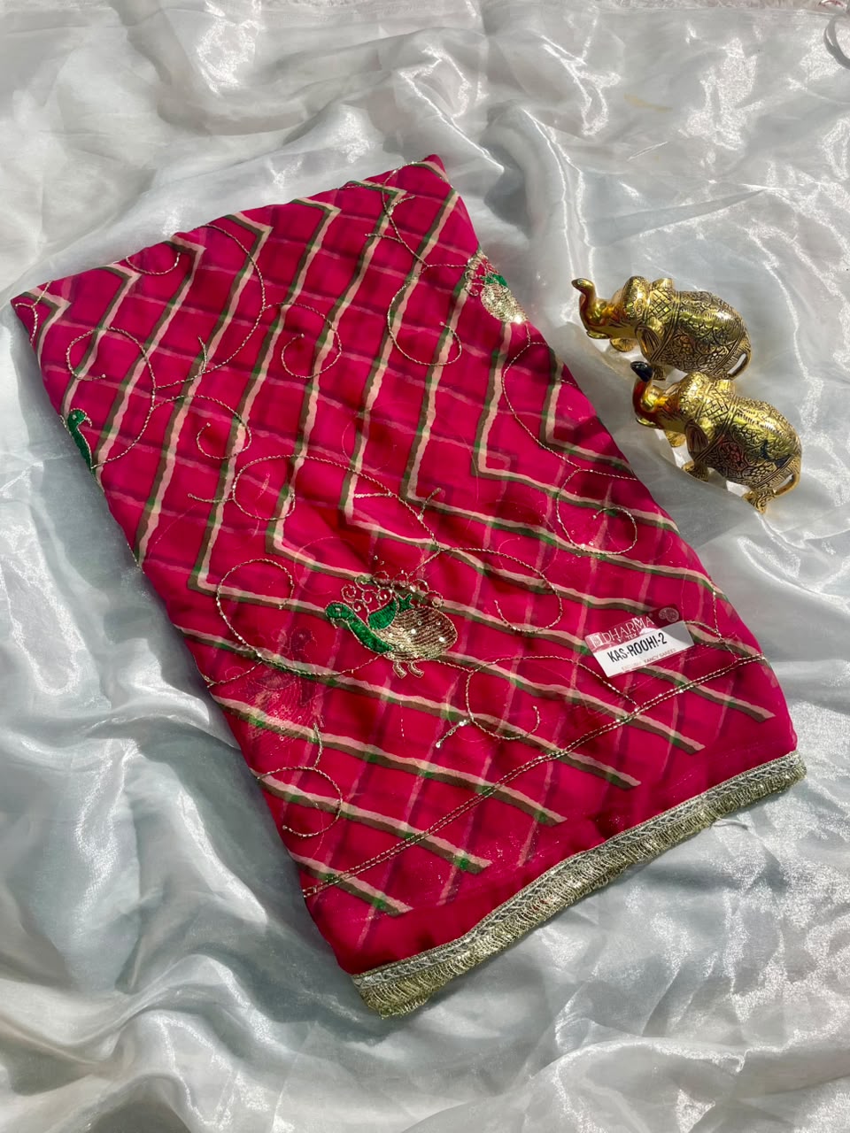 KAS-ROOHI-2 DARBARI  FABRIC SAREE WITH  BEAUTIFUL LEHARIYA DESIGN WITH HANDWORK WITH BEADS WORK WITH SEQUENCE WORK AND BEAUTIFUL LACE WITH BLOUSE