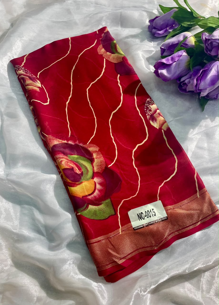 NC-0015 MARSHMALLOW JACUQARD FABRIC SAREE WITH BEAUTIFUL FLORAL DESIGN ON SAREE WITH  BLOUSE