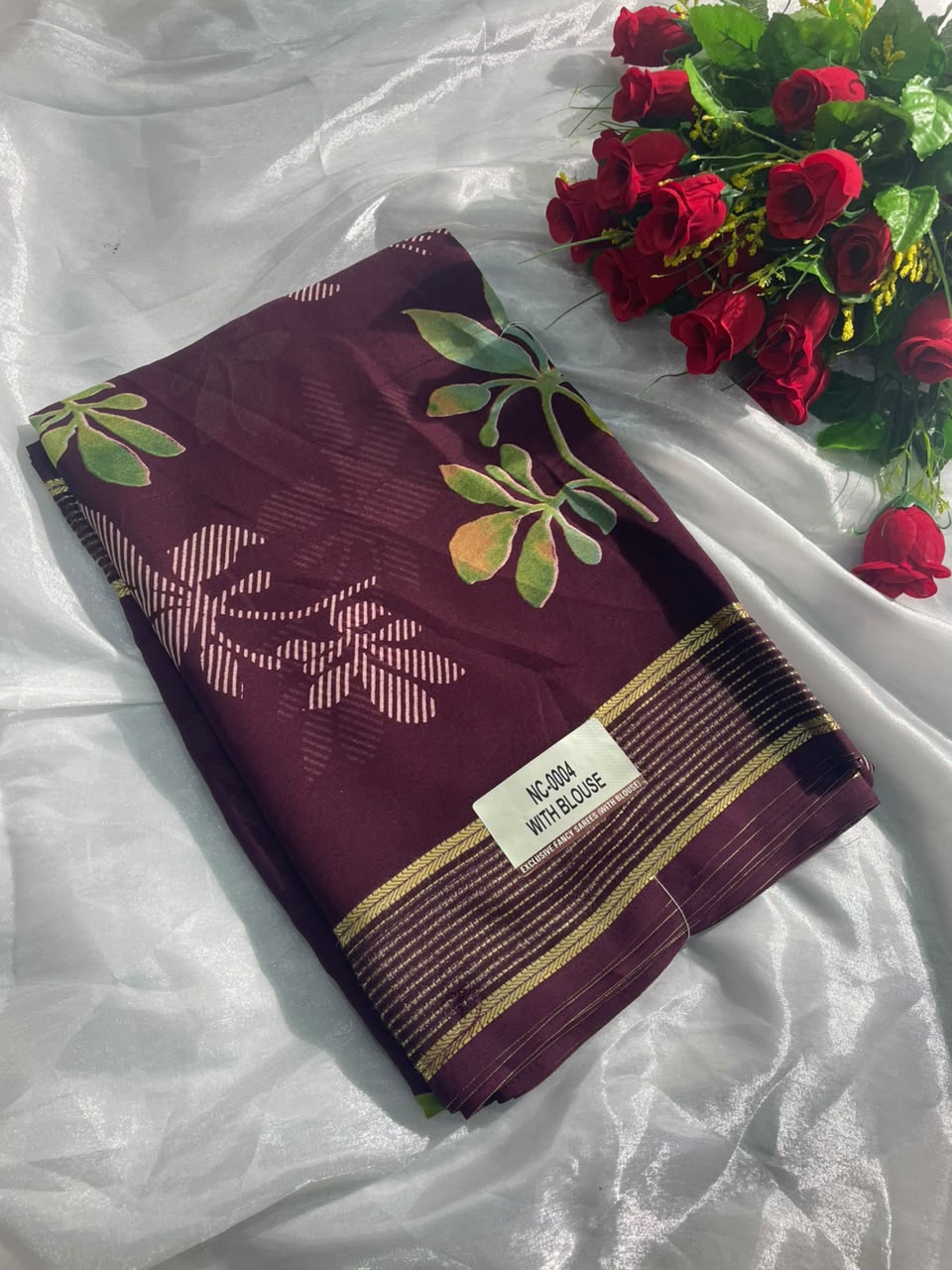 NC-0004  DULL MOSS FABRIC SAREE WITH RICH PALLU DESIGN WITH BEAUTIFUL RADHIKA BORDER WITH FLORAL DESIGN ON BODY WITH BLOUSE
