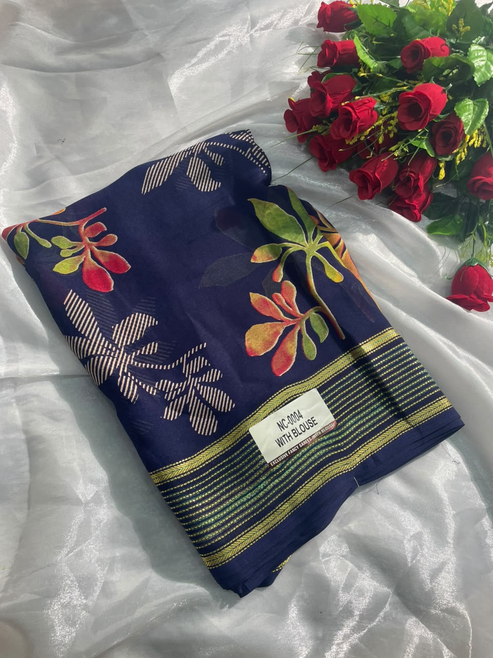 NC-0004  DULL MOSS FABRIC SAREE WITH RICH PALLU DESIGN WITH BEAUTIFUL RADHIKA BORDER WITH FLORAL DESIGN ON BODY WITH BLOUSE