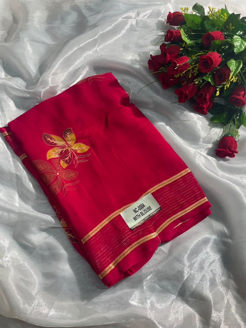 NC-0004  DULL MOSS FABRIC SAREE WITH RICH PALLU DESIGN WITH BEAUTIFUL RADHIKA BORDER WITH FLORAL DESIGN ON BODY WITH BLOUSE