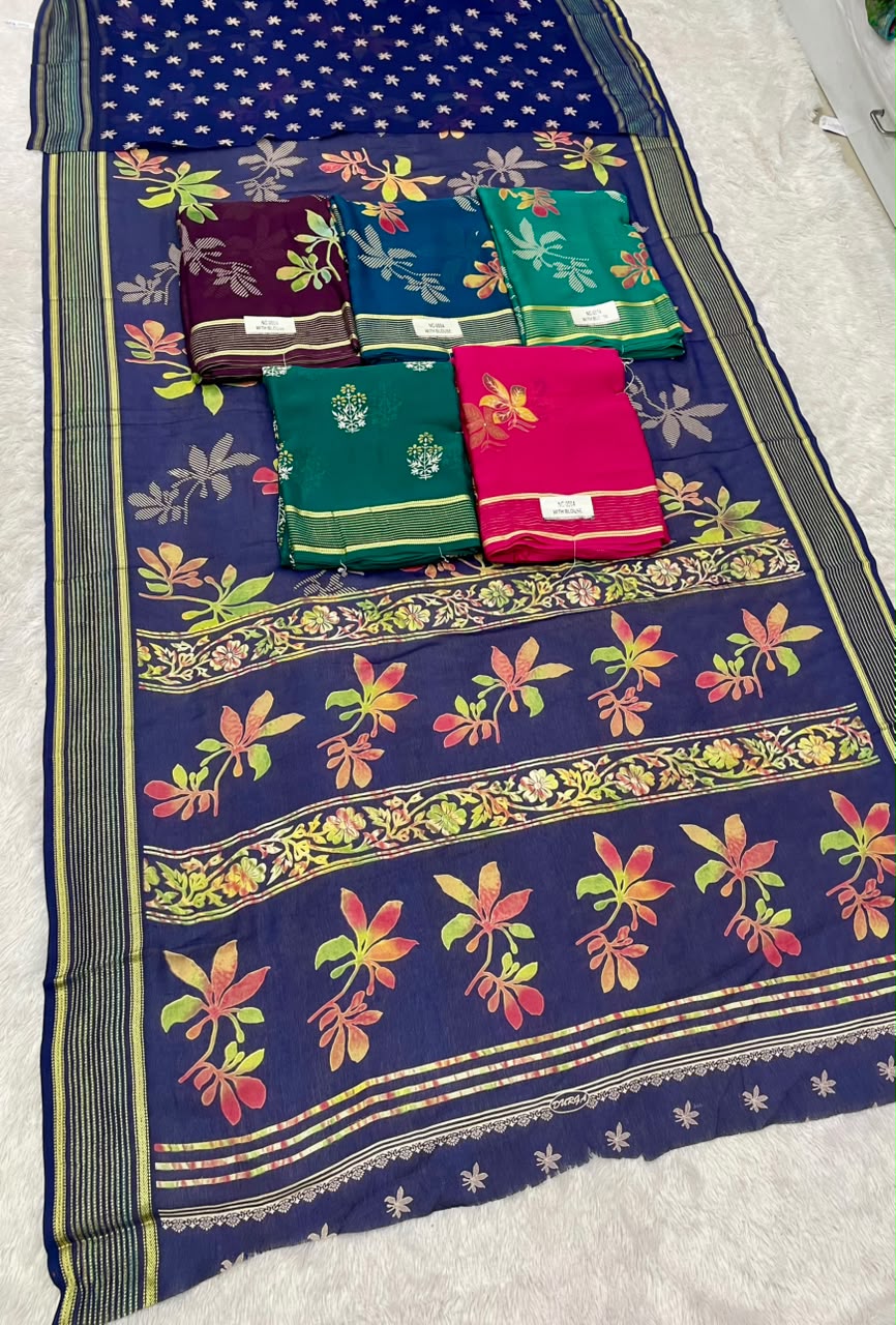 NC-0004  DULL MOSS FABRIC SAREE WITH RICH PALLU DESIGN WITH BEAUTIFUL RADHIKA BORDER WITH FLORAL DESIGN ON BODY WITH BLOUSE
