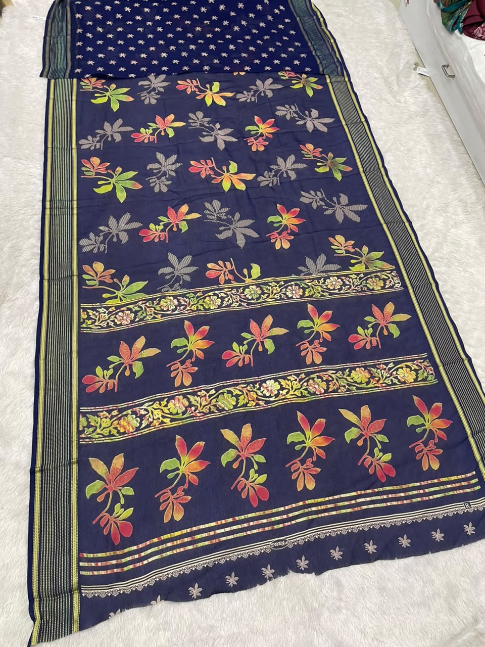 NC-0004  DULL MOSS FABRIC SAREE WITH RICH PALLU DESIGN WITH BEAUTIFUL RADHIKA BORDER WITH FLORAL DESIGN ON BODY WITH BLOUSE