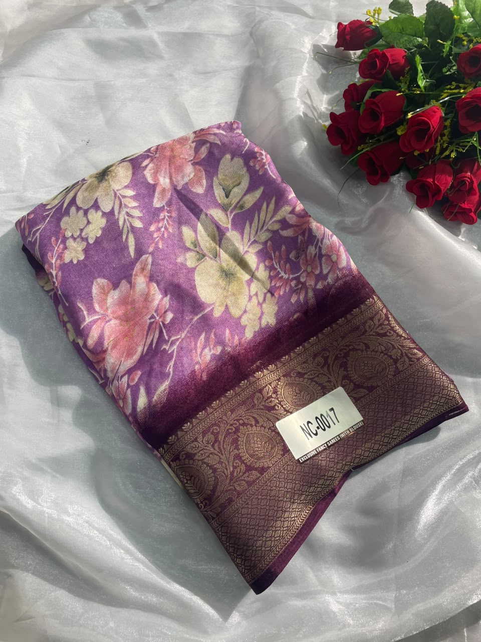 NC-0017 MARSHMALLOW JACUARD FABRIC SAREE WITH RICH PALLU DESIGN WITH BEAUTIFUL FLORAL DESIGN ALL OVER ON BODY WITH BLOUSE