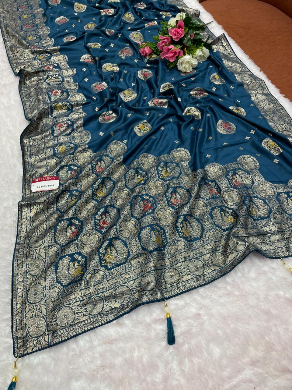 AJ-KRUTIKA DOLA SILK SAREE WITH UNIQUE STEP PALLU WITH DMC SIROSKI WORK WITH BEAUTIFUL MEENAKARI WORK WITH LOVELY FIRMA BLOUSE