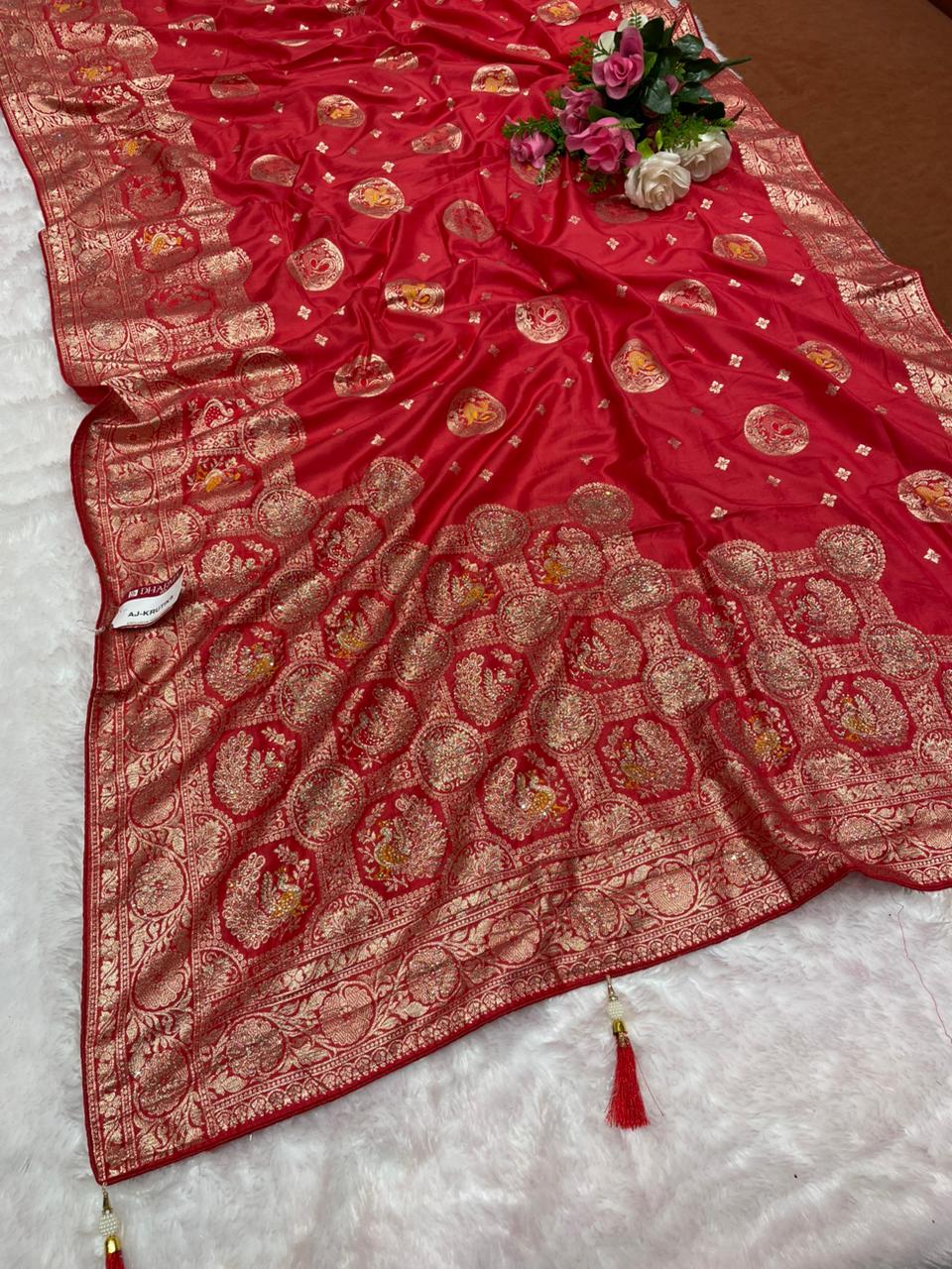 AJ-KRUTIKA DOLA SILK SAREE WITH UNIQUE STEP PALLU WITH DMC SIROSKI WORK WITH BEAUTIFUL MEENAKARI WORK WITH LOVELY FIRMA BLOUSE