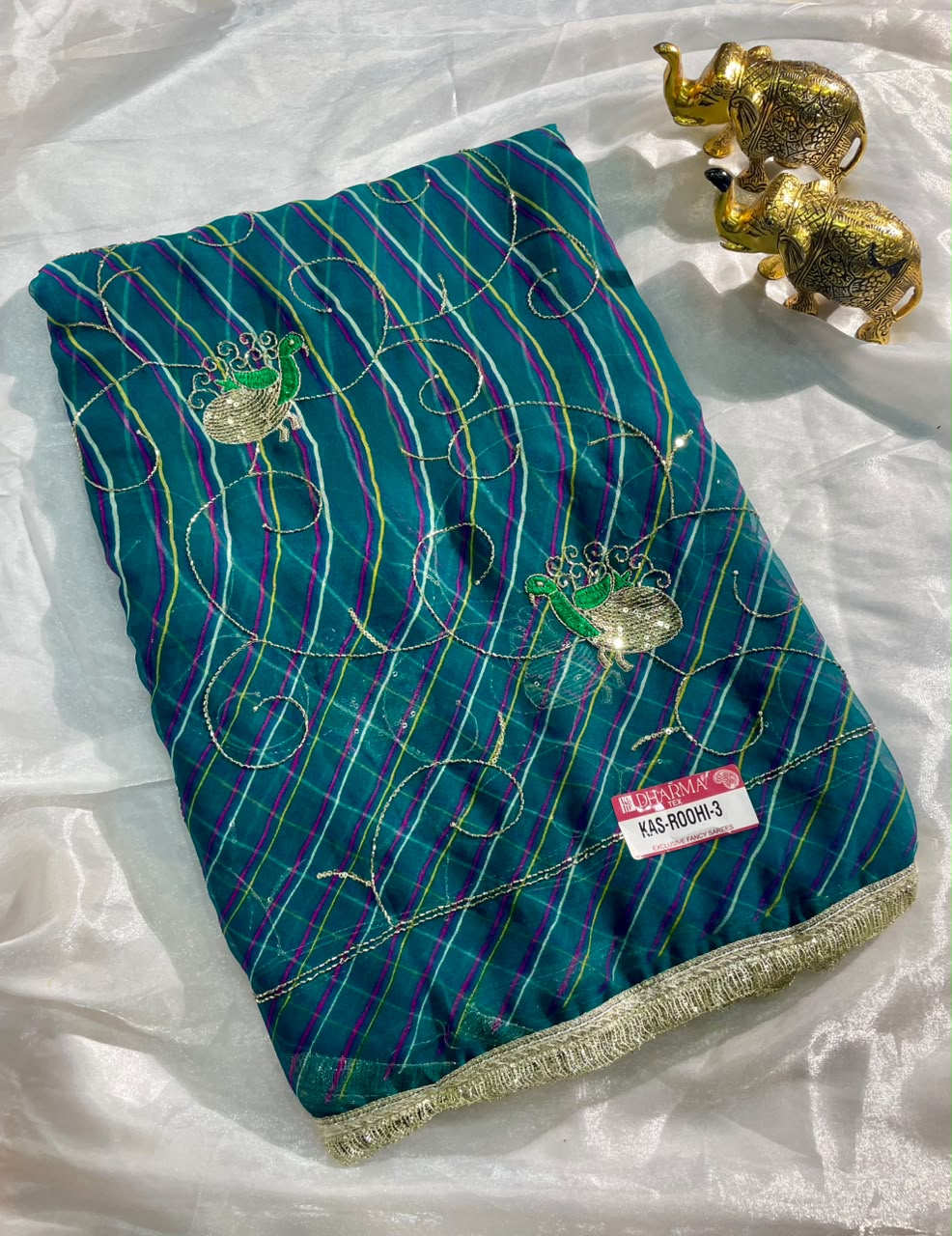 KAS-ROOHI-3 DARBARI FABRIC SAREE WITH  BEAUTIFUL LEHARIYA DESIGN WITH HANDWORK WITH BEADS WORK WITH SEQUENCE WORK AND BEAUTIFUL LACE WITH BLOUSE