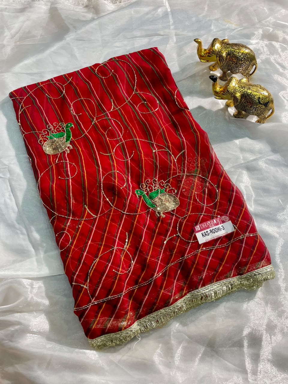 KAS-ROOHI-3 DARBARI FABRIC SAREE WITH  BEAUTIFUL LEHARIYA DESIGN WITH HANDWORK WITH BEADS WORK WITH SEQUENCE WORK AND BEAUTIFUL LACE WITH BLOUSE