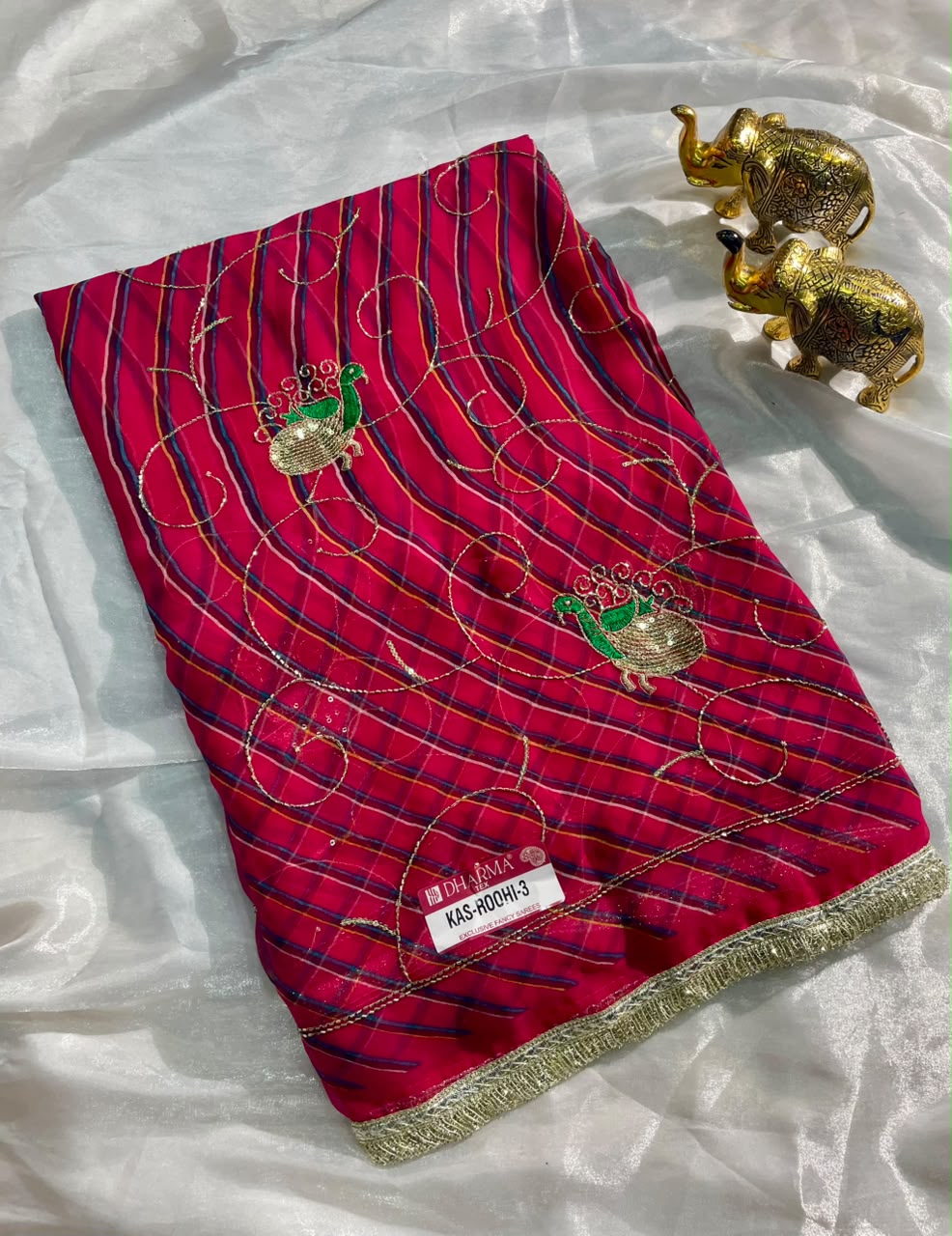 KAS-ROOHI-3 DARBARI FABRIC SAREE WITH  BEAUTIFUL LEHARIYA DESIGN WITH HANDWORK WITH BEADS WORK WITH SEQUENCE WORK AND BEAUTIFUL LACE WITH BLOUSE