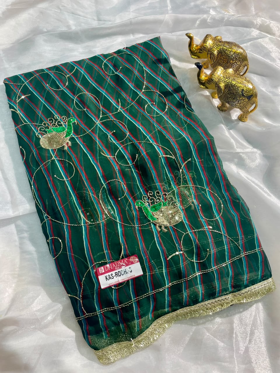 KAS-ROOHI-3 DARBARI FABRIC SAREE WITH  BEAUTIFUL LEHARIYA DESIGN WITH HANDWORK WITH BEADS WORK WITH SEQUENCE WORK AND BEAUTIFUL LACE WITH BLOUSE