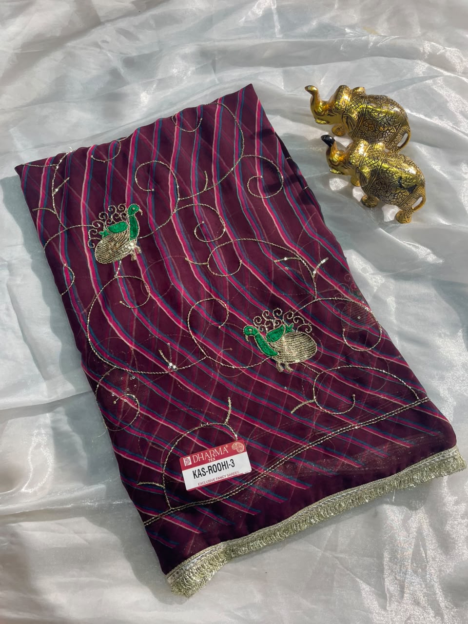 KAS-ROOHI-3 DARBARI FABRIC SAREE WITH  BEAUTIFUL LEHARIYA DESIGN WITH HANDWORK WITH BEADS WORK WITH SEQUENCE WORK AND BEAUTIFUL LACE WITH BLOUSE
