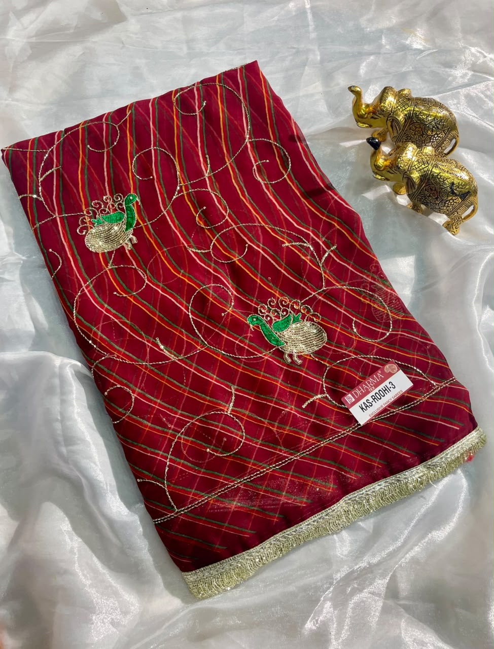 KAS-ROOHI-3 DARBARI FABRIC SAREE WITH  BEAUTIFUL LEHARIYA DESIGN WITH HANDWORK WITH BEADS WORK WITH SEQUENCE WORK AND BEAUTIFUL LACE WITH BLOUSE