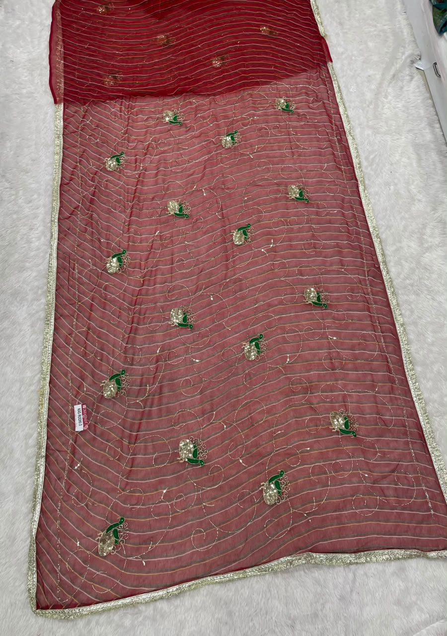 KAS-ROOHI-3 DARBARI FABRIC SAREE WITH  BEAUTIFUL LEHARIYA DESIGN WITH HANDWORK WITH BEADS WORK WITH SEQUENCE WORK AND BEAUTIFUL LACE WITH BLOUSE