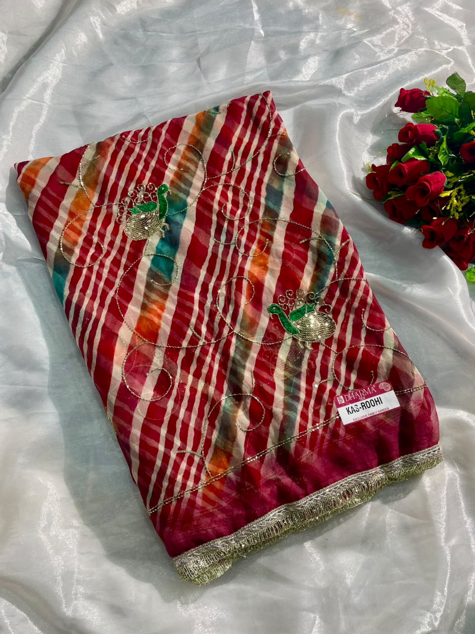 KAS-ROOHI DARBARI  FABRIC SAREE WITH  BEAUTIFUL LEHARIYA DESIGN WITH HANDWORK WITH BEADS WORK WITH SEQUENCE WORK AND BEAUTIFUL LACE WITH BLOUSE