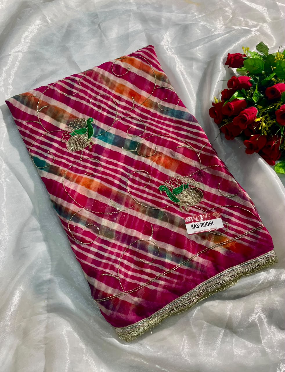 KAS-ROOHI DARBARI  FABRIC SAREE WITH  BEAUTIFUL LEHARIYA DESIGN WITH HANDWORK WITH BEADS WORK WITH SEQUENCE WORK AND BEAUTIFUL LACE WITH BLOUSE