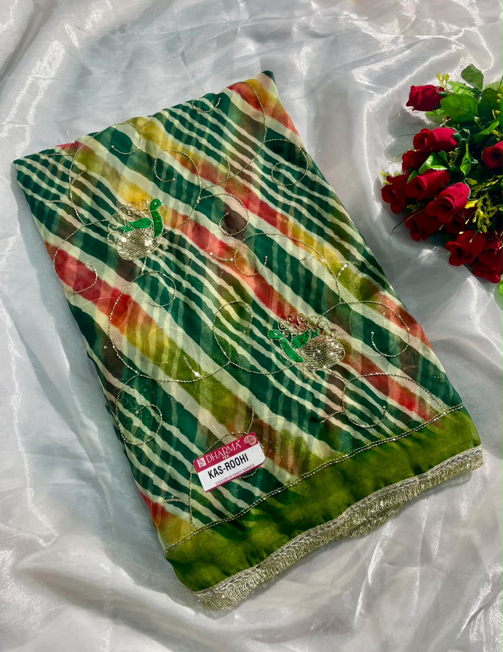 KAS-ROOHI DARBARI  FABRIC SAREE WITH  BEAUTIFUL LEHARIYA DESIGN WITH HANDWORK WITH BEADS WORK WITH SEQUENCE WORK AND BEAUTIFUL LACE WITH BLOUSE