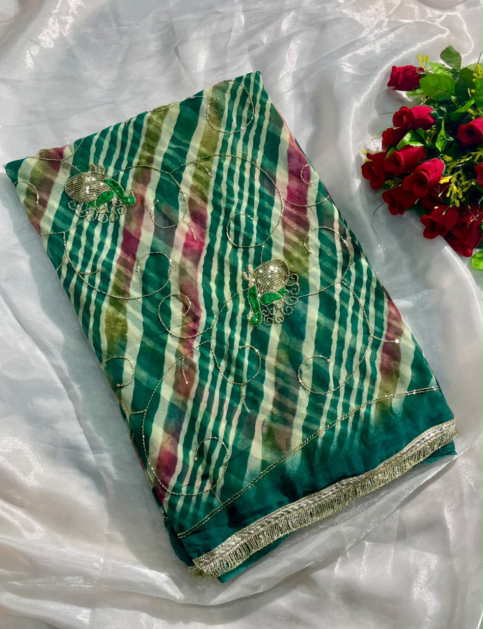 KAS-ROOHI DARBARI  FABRIC SAREE WITH  BEAUTIFUL LEHARIYA DESIGN WITH HANDWORK WITH BEADS WORK WITH SEQUENCE WORK AND BEAUTIFUL LACE WITH BLOUSE