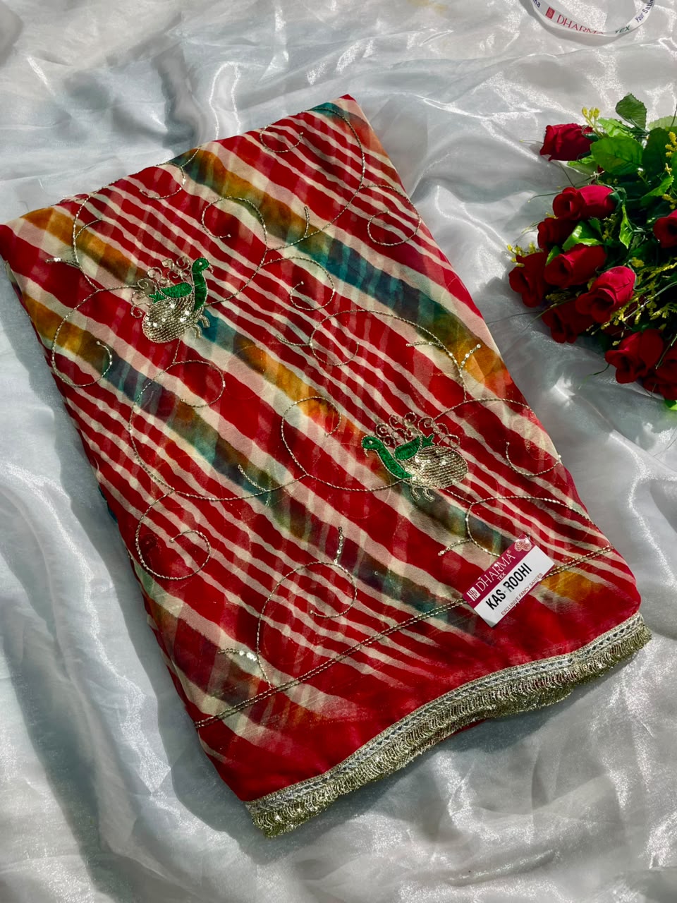 KAS-ROOHI DARBARI  FABRIC SAREE WITH  BEAUTIFUL LEHARIYA DESIGN WITH HANDWORK WITH BEADS WORK WITH SEQUENCE WORK AND BEAUTIFUL LACE WITH BLOUSE