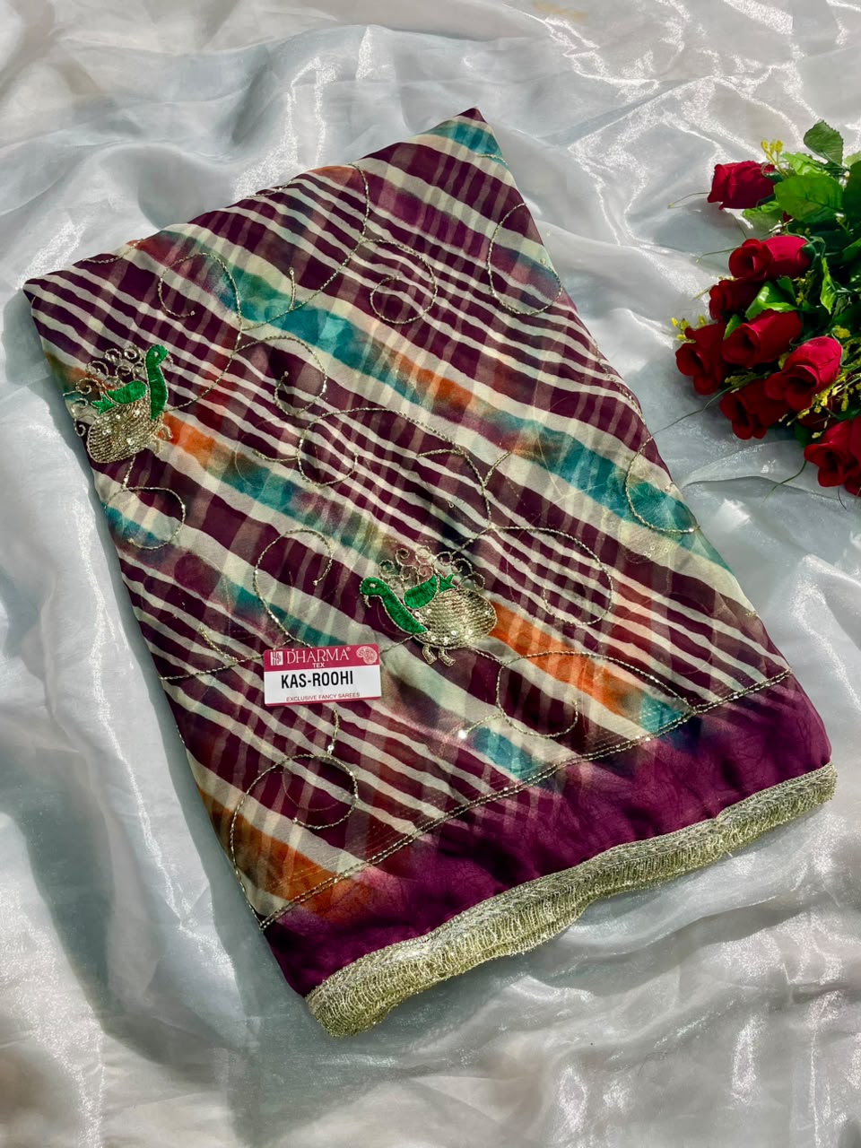 KAS-ROOHI DARBARI  FABRIC SAREE WITH  BEAUTIFUL LEHARIYA DESIGN WITH HANDWORK WITH BEADS WORK WITH SEQUENCE WORK AND BEAUTIFUL LACE WITH BLOUSE