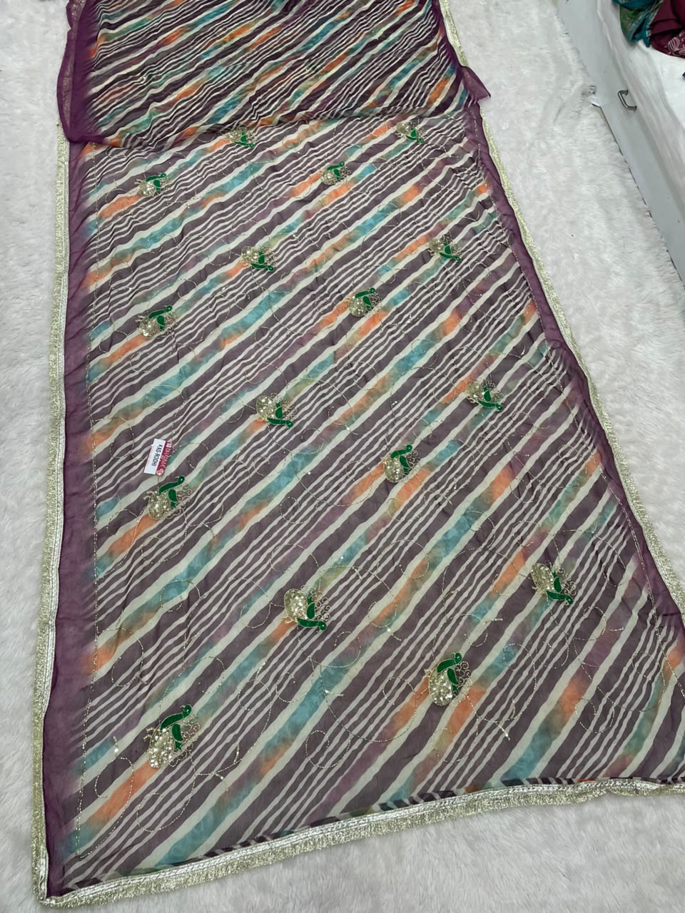 KAS-ROOHI DARBARI  FABRIC SAREE WITH  BEAUTIFUL LEHARIYA DESIGN WITH HANDWORK WITH BEADS WORK WITH SEQUENCE WORK AND BEAUTIFUL LACE WITH BLOUSE