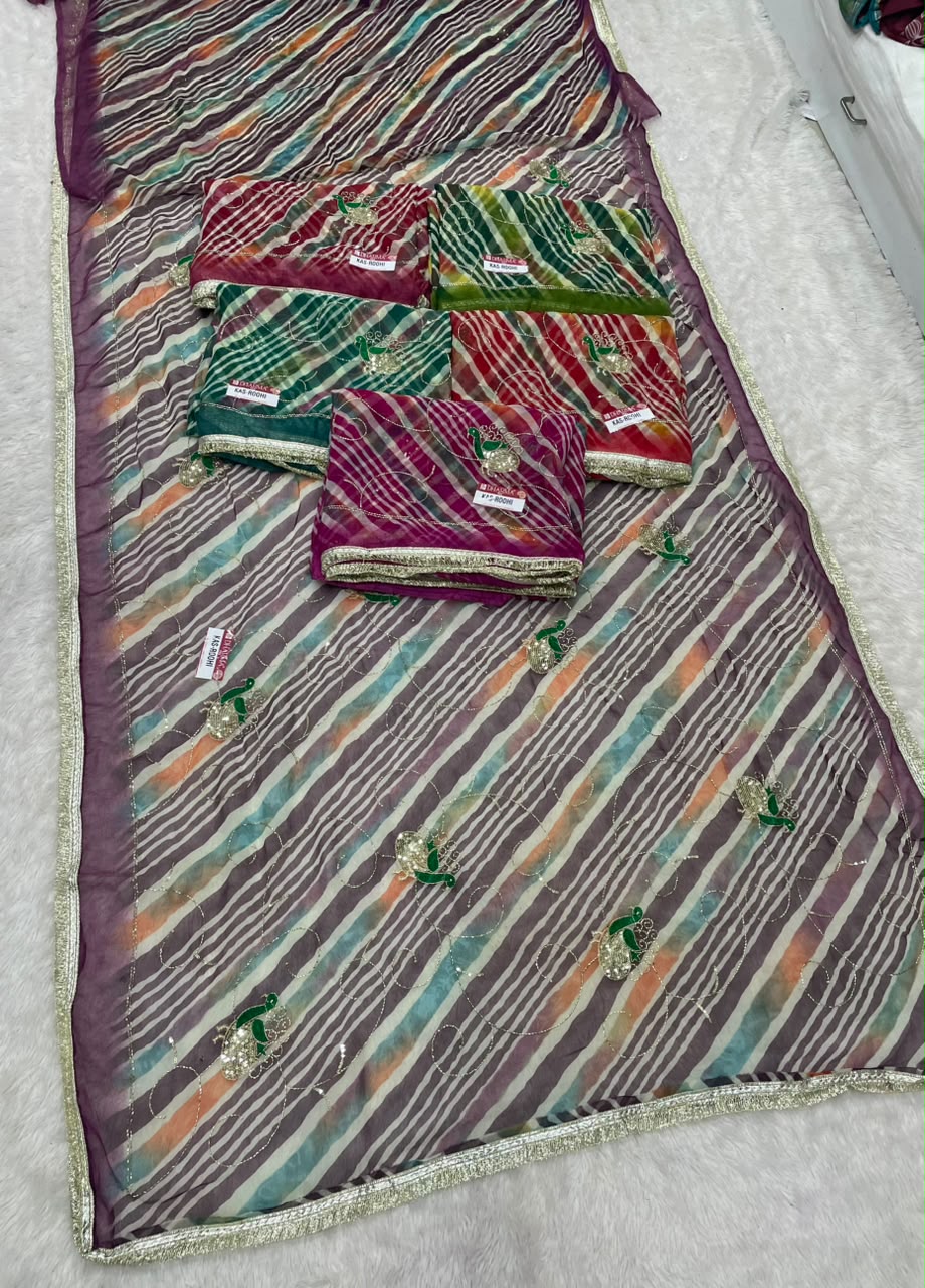 KAS-ROOHI DARBARI  FABRIC SAREE WITH  BEAUTIFUL LEHARIYA DESIGN WITH HANDWORK WITH BEADS WORK WITH SEQUENCE WORK AND BEAUTIFUL LACE WITH BLOUSE