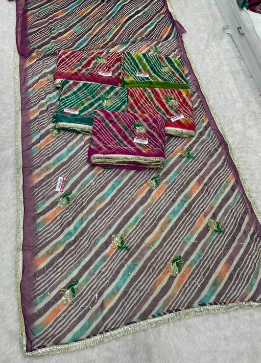 KAS-ROOHI DARBARI  FABRIC SAREE WITH  BEAUTIFUL LEHARIYA DESIGN WITH HANDWORK WITH BEADS WORK WITH SEQUENCE WORK AND BEAUTIFUL LACE WITH BLOUSE