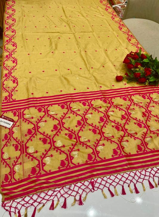 AJ-YUVIKA  FANCY FABRIC SAREE WITH RICH PALLU DESIGN WITH BEAUTIFUL DESIGN WITH PIPING WITH TASSELS WITH BLOUSE