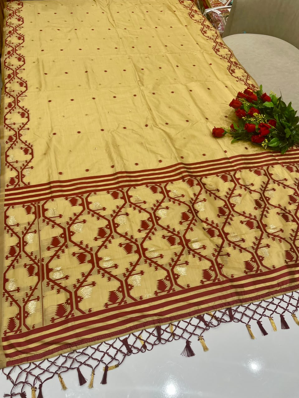 AJ-YUVIKA  FANCY FABRIC SAREE WITH RICH PALLU DESIGN WITH BEAUTIFUL DESIGN WITH PIPING WITH TASSELS WITH BLOUSE