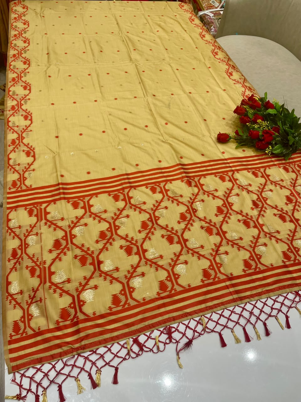 AJ-YUVIKA  FANCY FABRIC SAREE WITH RICH PALLU DESIGN WITH BEAUTIFUL DESIGN WITH PIPING WITH TASSELS WITH BLOUSE