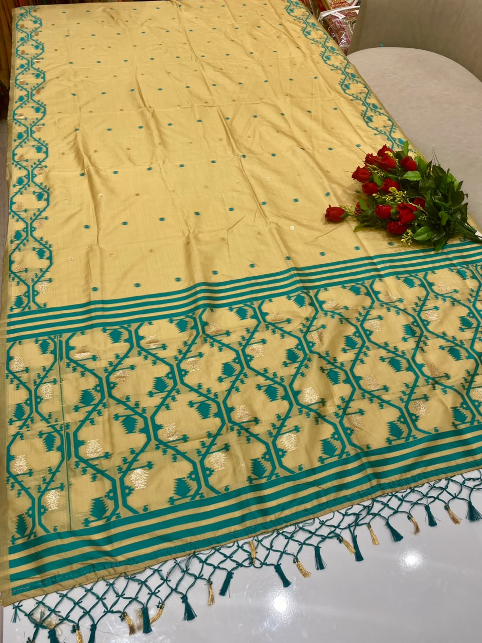 AJ-YUVIKA  FANCY FABRIC SAREE WITH RICH PALLU DESIGN WITH BEAUTIFUL DESIGN WITH PIPING WITH TASSELS WITH BLOUSE